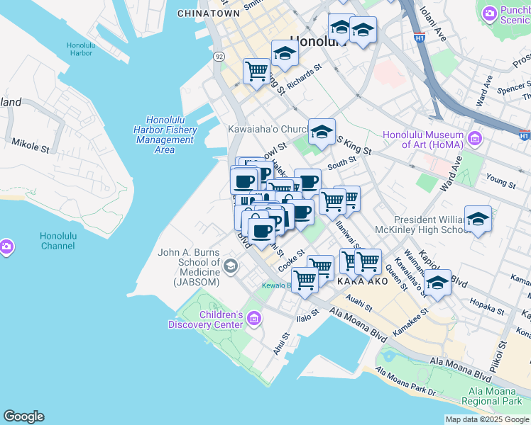 map of restaurants, bars, coffee shops, grocery stores, and more near 419 South Street in Honolulu