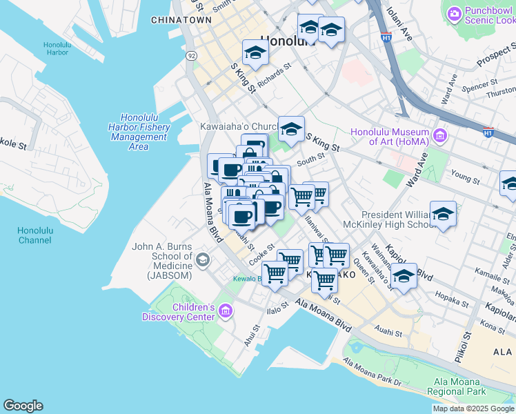 map of restaurants, bars, coffee shops, grocery stores, and more near 502 Keawe Street in Honolulu