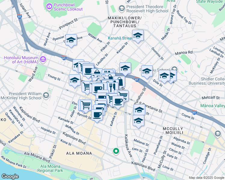 map of restaurants, bars, coffee shops, grocery stores, and more near 758 Makiki Street in Honolulu