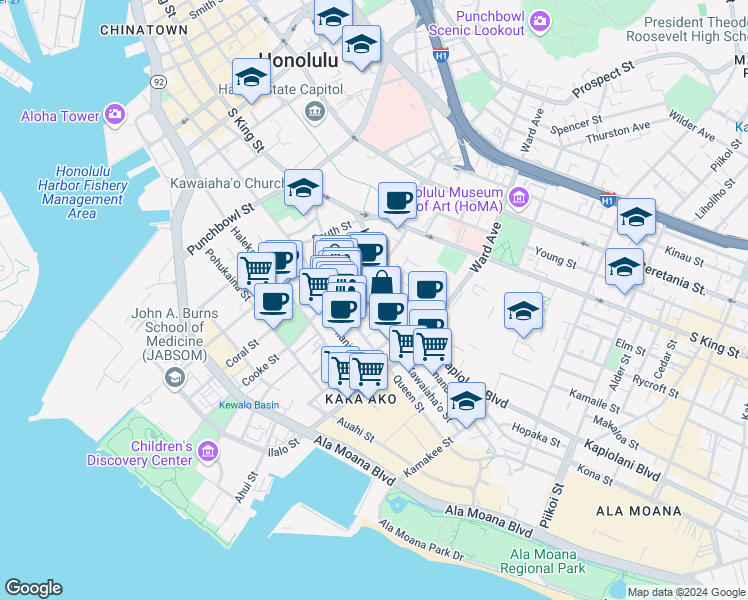 map of restaurants, bars, coffee shops, grocery stores, and more near 764e Kawaiahao Street in Honolulu