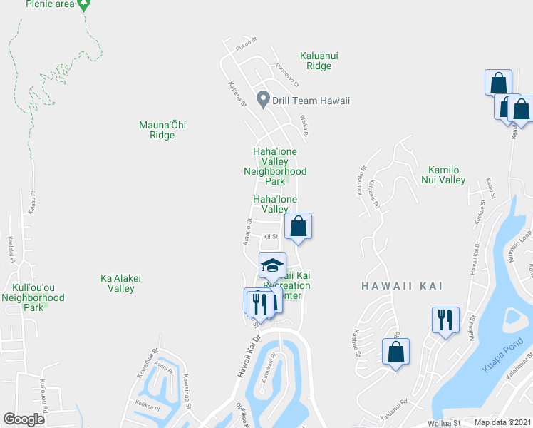 map of restaurants, bars, coffee shops, grocery stores, and more near 6630 Kalopa Street in Honolulu