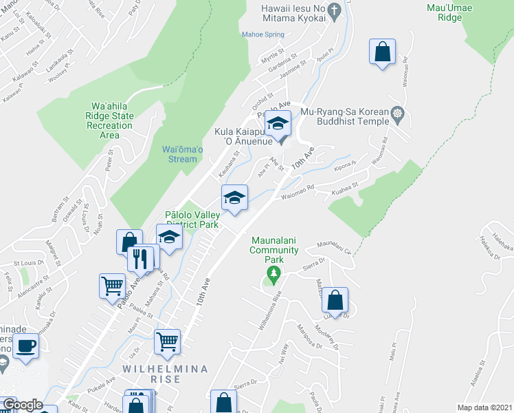 map of restaurants, bars, coffee shops, grocery stores, and more near 2161 10th Avenue in Honolulu