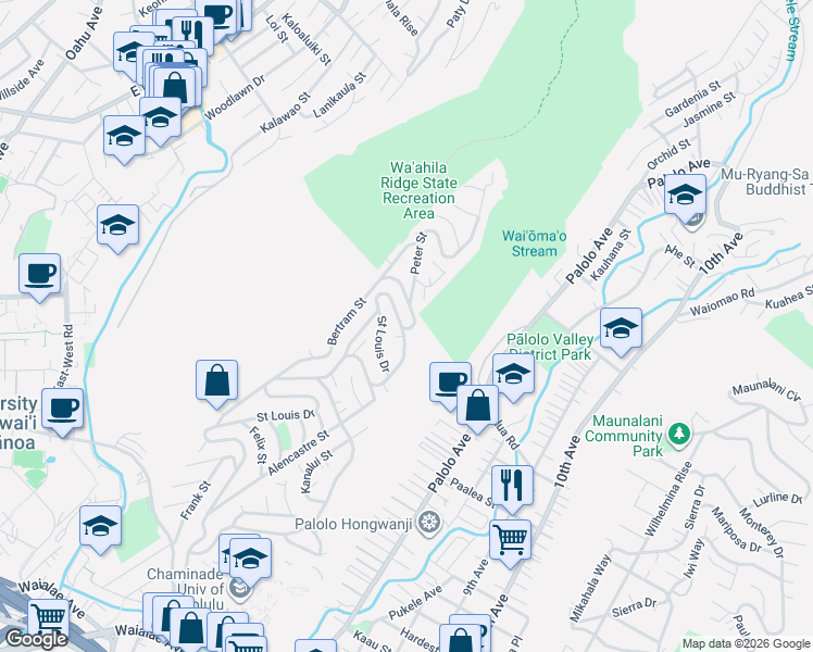 map of restaurants, bars, coffee shops, grocery stores, and more near 2272 Noah Street in Honolulu