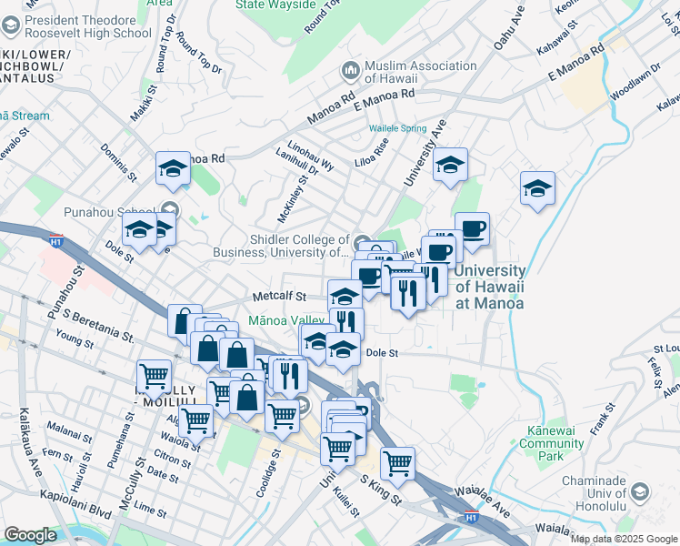 map of restaurants, bars, coffee shops, grocery stores, and more near 1727 Hunnewell Street in Honolulu