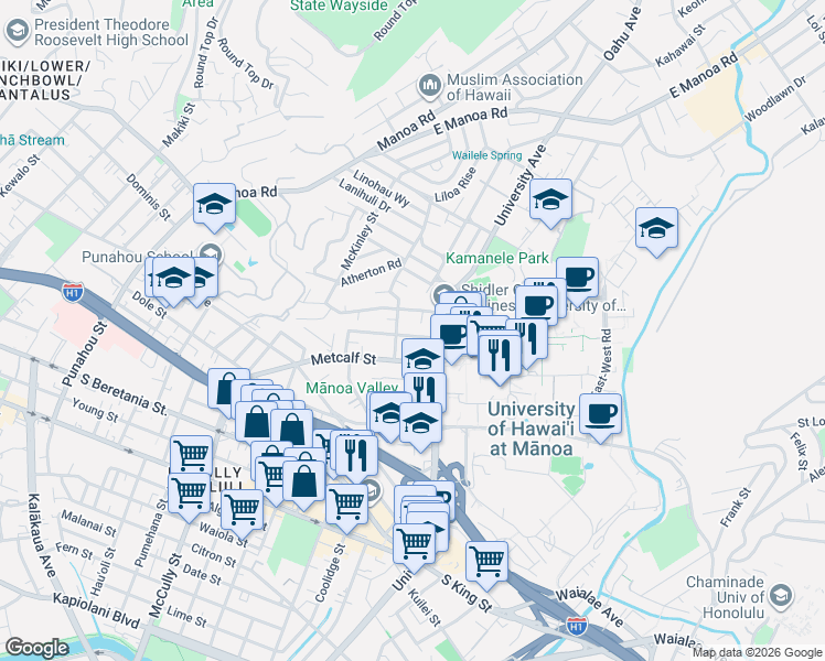 map of restaurants, bars, coffee shops, grocery stores, and more near 1727 Hunnewell Street in Honolulu
