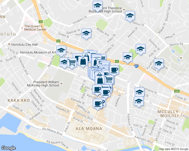 map of restaurants, bars, coffee shops, grocery stores, and more near 1254 Young Street in Honolulu