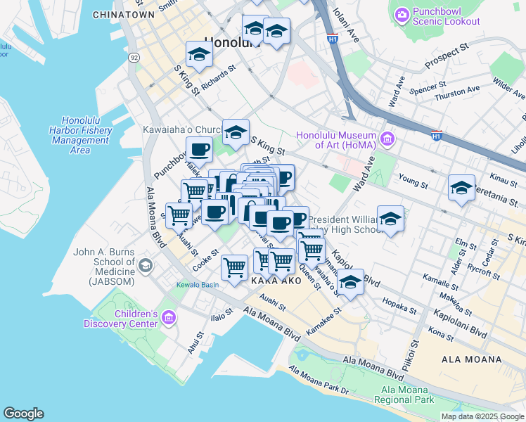 map of restaurants, bars, coffee shops, grocery stores, and more near 611 Cooke Street in Honolulu