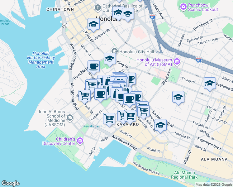 map of restaurants, bars, coffee shops, grocery stores, and more near 611 Cooke Street in Honolulu