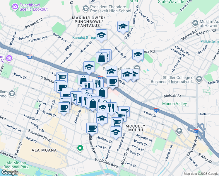 map of restaurants, bars, coffee shops, grocery stores, and more near 1324 Punahou Street in Honolulu
