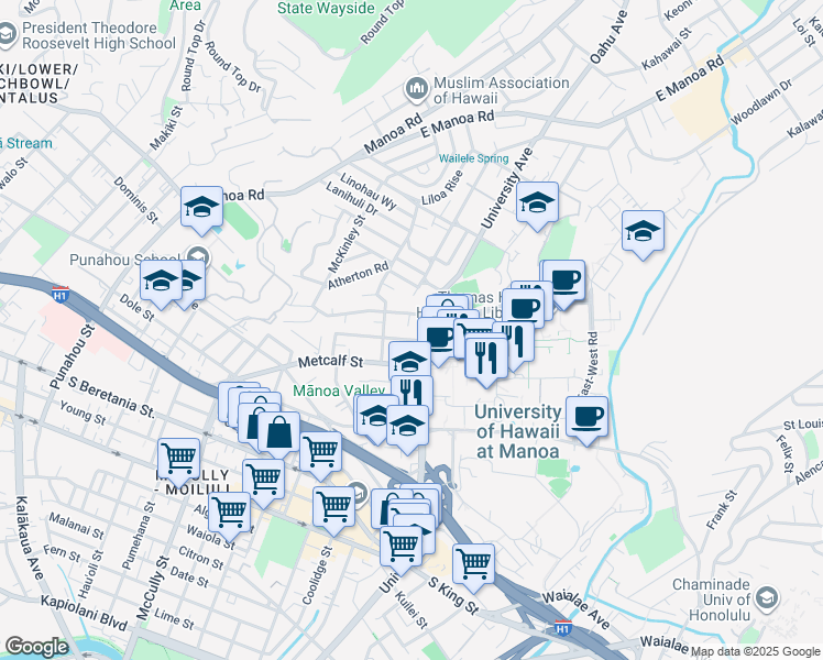map of restaurants, bars, coffee shops, grocery stores, and more near 1899 University Avenue in Honolulu