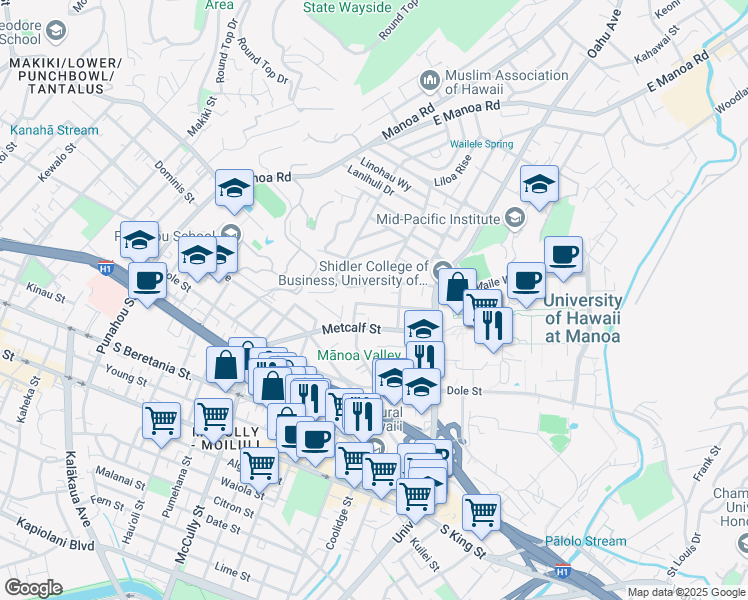map of restaurants, bars, coffee shops, grocery stores, and more near 2221 Seaview Avenue in Honolulu