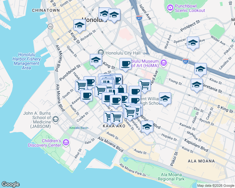 map of restaurants, bars, coffee shops, grocery stores, and more near 764e Kawaiahao Street in Honolulu