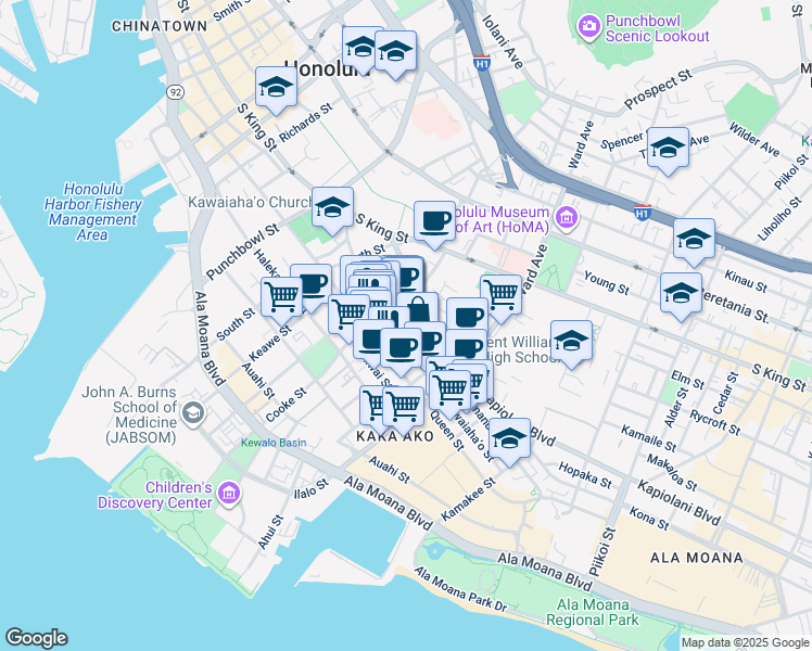 map of restaurants, bars, coffee shops, grocery stores, and more near 764e Kawaiahao Street in Honolulu
