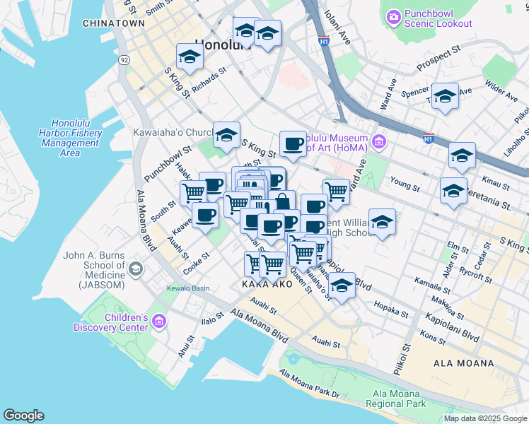 map of restaurants, bars, coffee shops, grocery stores, and more near 725 Kapiolani Boulevard in Honolulu