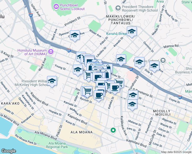 map of restaurants, bars, coffee shops, grocery stores, and more near in Honolulu