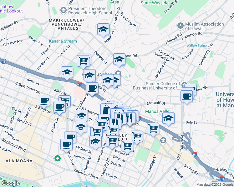 map of restaurants, bars, coffee shops, grocery stores, and more near 1820 Dole Street in Honolulu