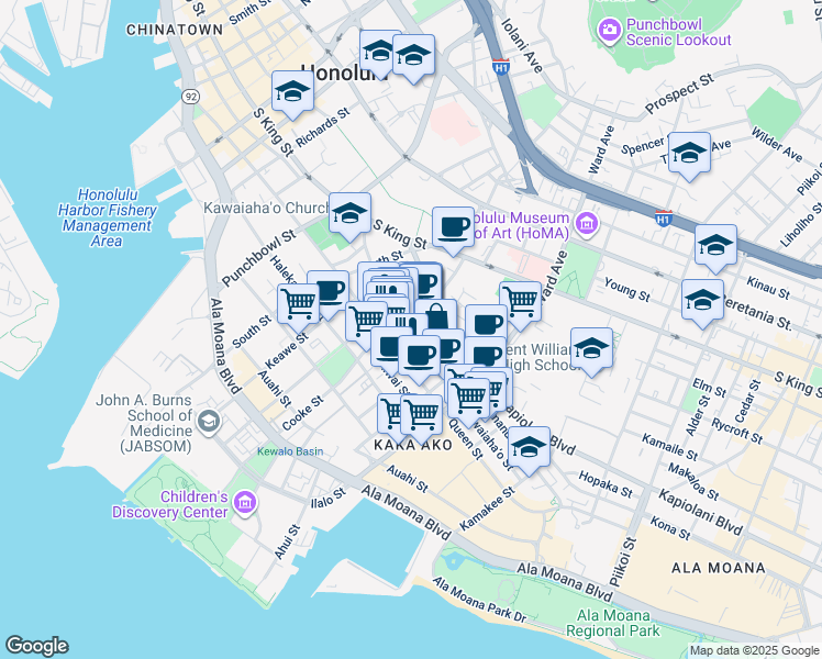 map of restaurants, bars, coffee shops, grocery stores, and more near 764e Kawaiahao Street in Honolulu