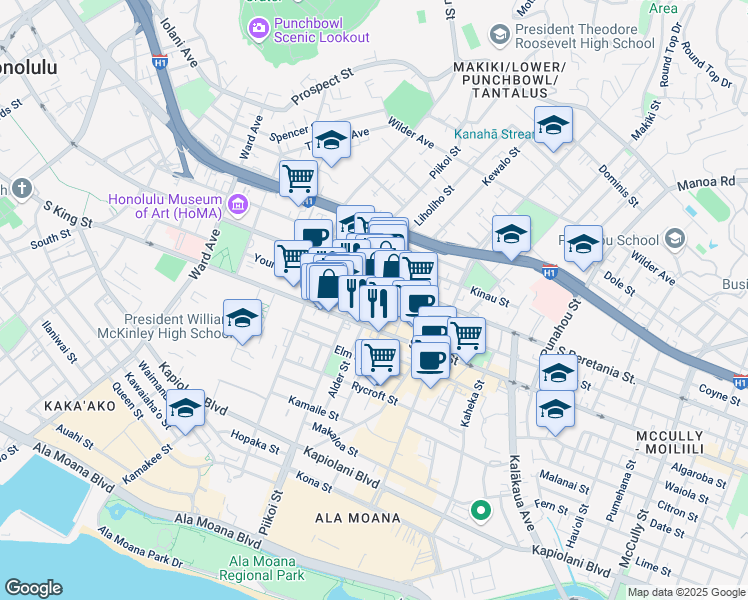 map of restaurants, bars, coffee shops, grocery stores, and more near 1226 Young Street in Honolulu