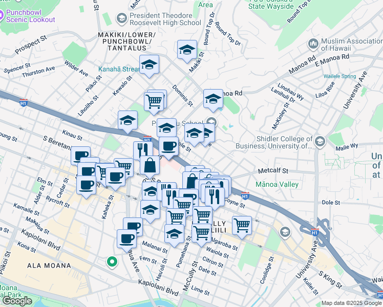 map of restaurants, bars, coffee shops, grocery stores, and more near 1718 Clark Street in Honolulu