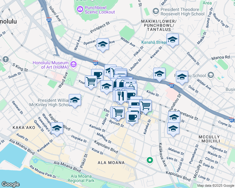map of restaurants, bars, coffee shops, grocery stores, and more near 1254 Young Street in Honolulu