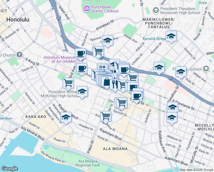 map of restaurants, bars, coffee shops, grocery stores, and more near 1133 South King Street in Honolulu