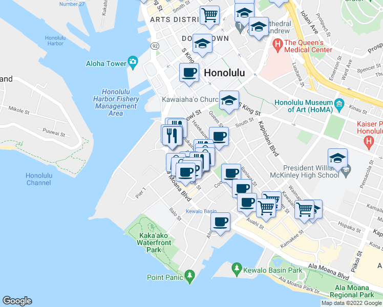 map of restaurants, bars, coffee shops, grocery stores, and more near 419 South Street in Honolulu