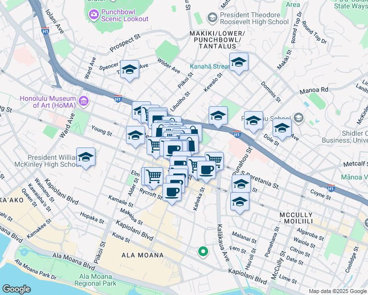 map of restaurants, bars, coffee shops, grocery stores, and more near in Honolulu