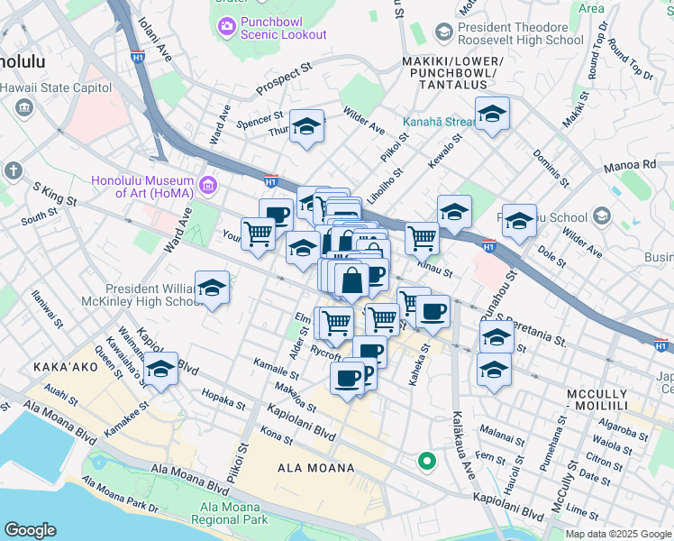 map of restaurants, bars, coffee shops, grocery stores, and more near 1254 Young Street in Honolulu