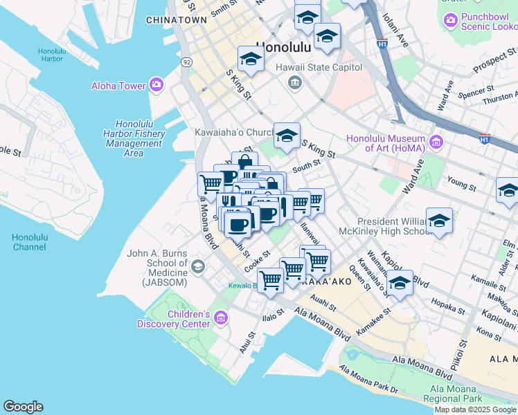 map of restaurants, bars, coffee shops, grocery stores, and more near 661 Pohukaina Street in Honolulu