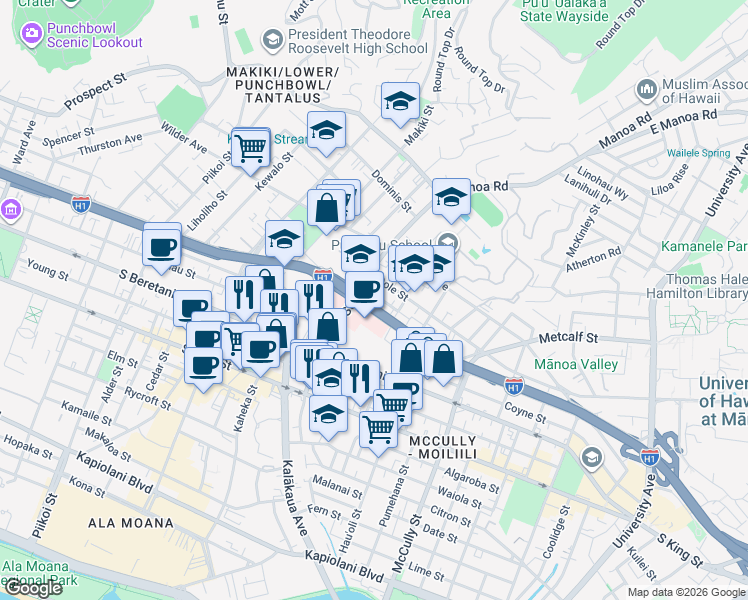 map of restaurants, bars, coffee shops, grocery stores, and more near 1617 Clark Street in Honolulu