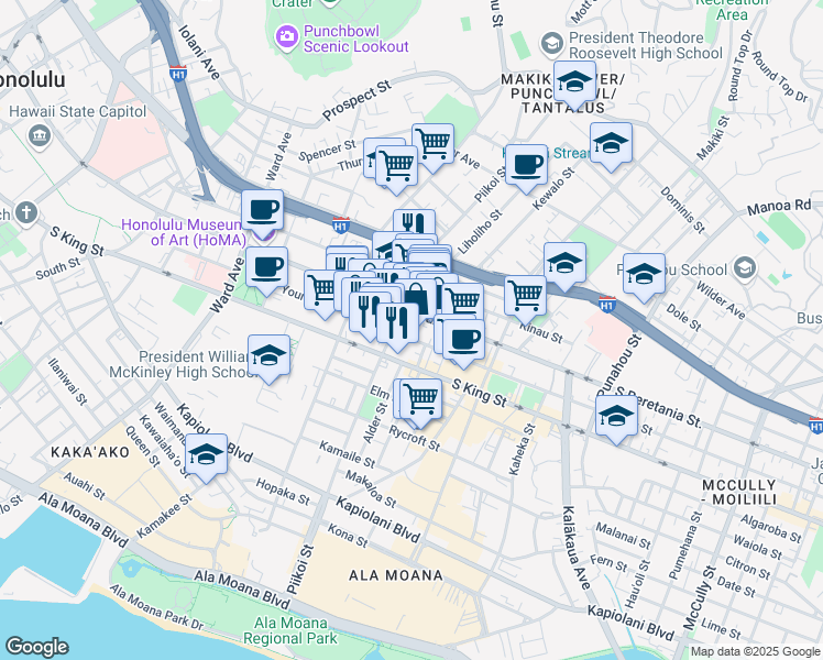 map of restaurants, bars, coffee shops, grocery stores, and more near 1216 Young Street in Honolulu