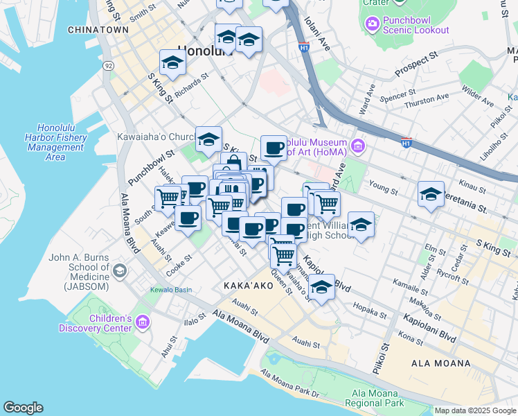 map of restaurants, bars, coffee shops, grocery stores, and more near 725 Kapiolani Boulevard in Honolulu