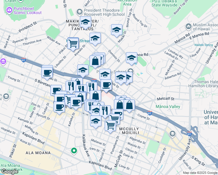 map of restaurants, bars, coffee shops, grocery stores, and more near 1603 Dole Street in Honolulu