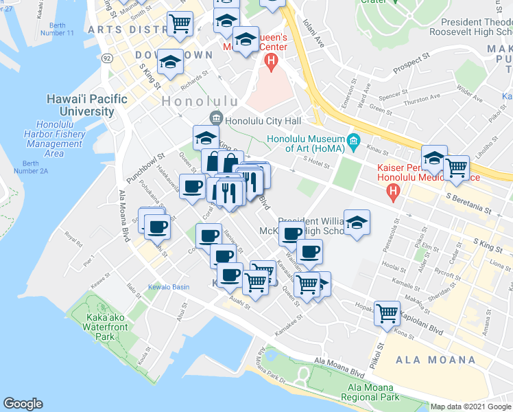 map of restaurants, bars, coffee shops, grocery stores, and more near 725 Kapiolani Boulevard in Honolulu