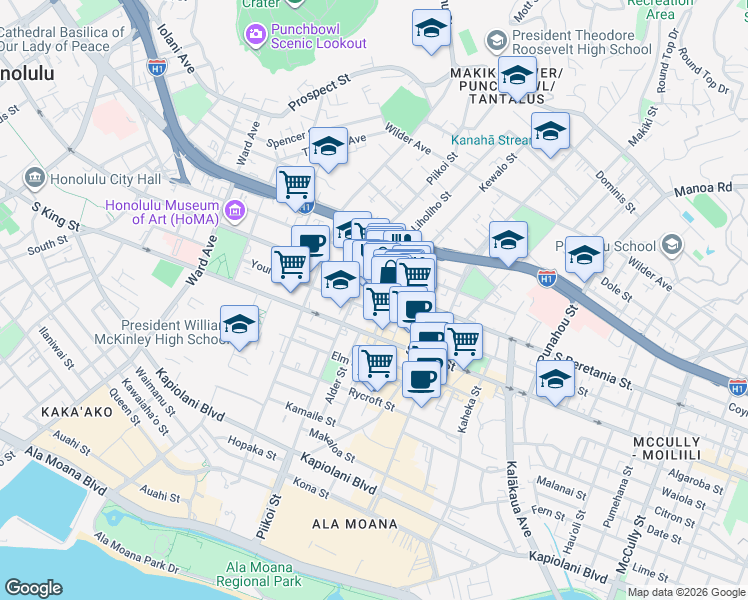 map of restaurants, bars, coffee shops, grocery stores, and more near 1226 Young Street in Honolulu