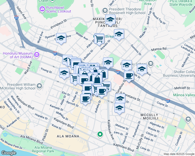 map of restaurants, bars, coffee shops, grocery stores, and more near in Honolulu