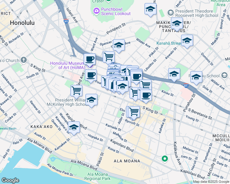 map of restaurants, bars, coffee shops, grocery stores, and more near 1109 Young Street in Honolulu
