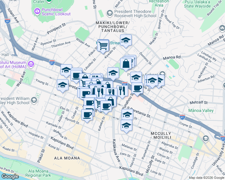 map of restaurants, bars, coffee shops, grocery stores, and more near 1403 Makiki Street in Honolulu