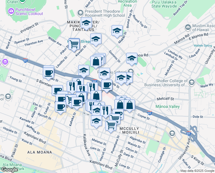 map of restaurants, bars, coffee shops, grocery stores, and more near 1603 Dole Street in Honolulu