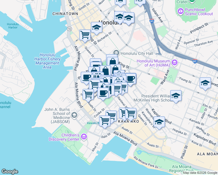 map of restaurants, bars, coffee shops, grocery stores, and more near 630 Keawe Street in Honolulu