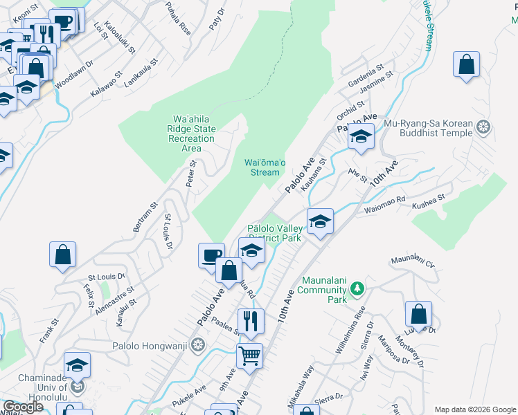 map of restaurants, bars, coffee shops, grocery stores, and more near 2054 Palolo Avenue in Honolulu