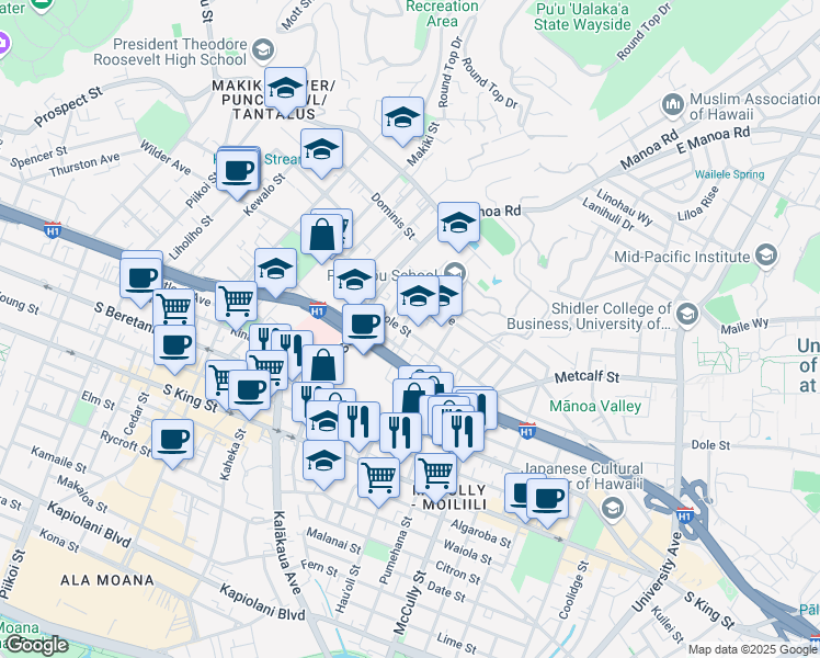 map of restaurants, bars, coffee shops, grocery stores, and more near 1523 Halekula Way in Honolulu
