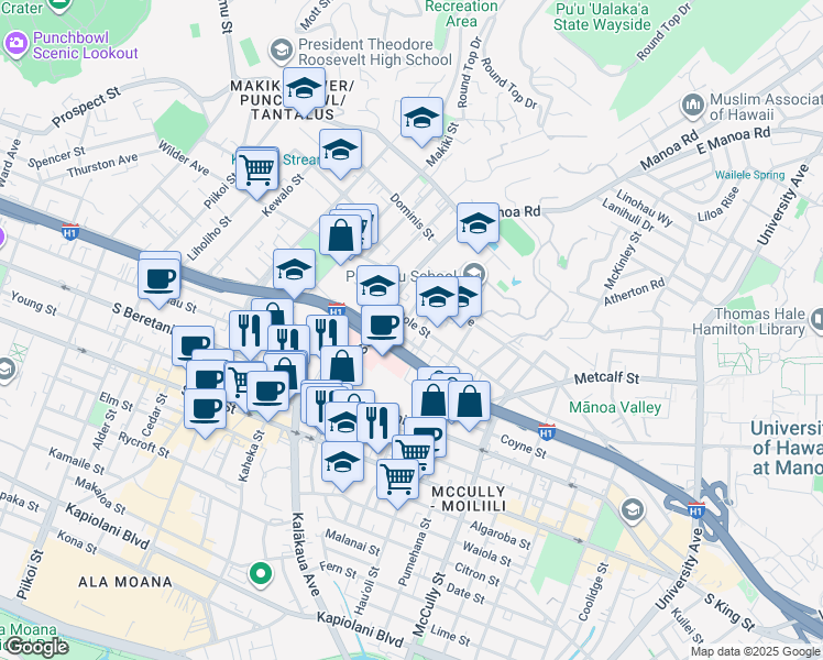 map of restaurants, bars, coffee shops, grocery stores, and more near 1603 Dole Street in Honolulu