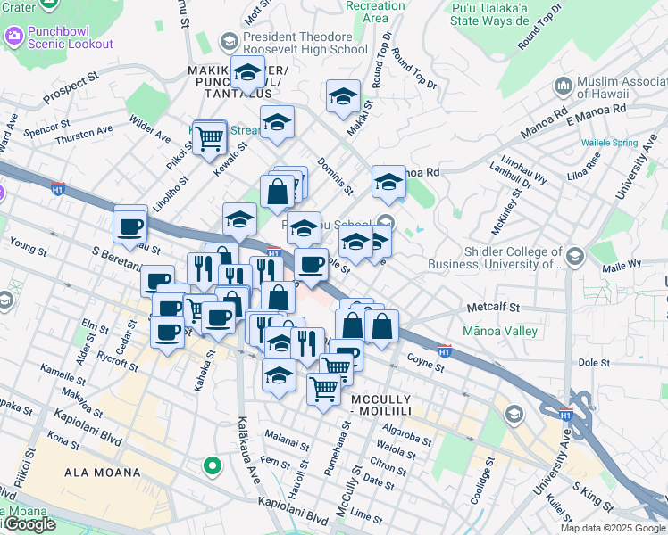map of restaurants, bars, coffee shops, grocery stores, and more near 1635 Dole Street in Honolulu