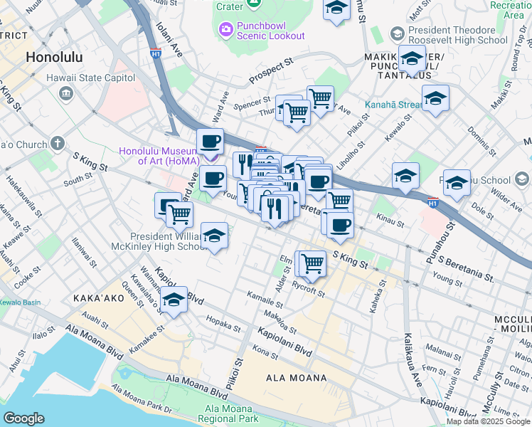 map of restaurants, bars, coffee shops, grocery stores, and more near 1115 South Beretania Street in Honolulu
