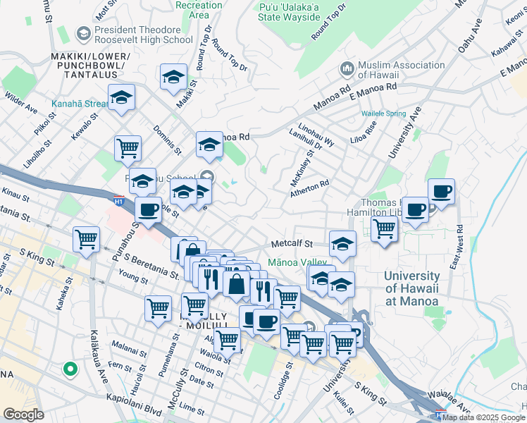 map of restaurants, bars, coffee shops, grocery stores, and more near Piper's Pali in Honolulu