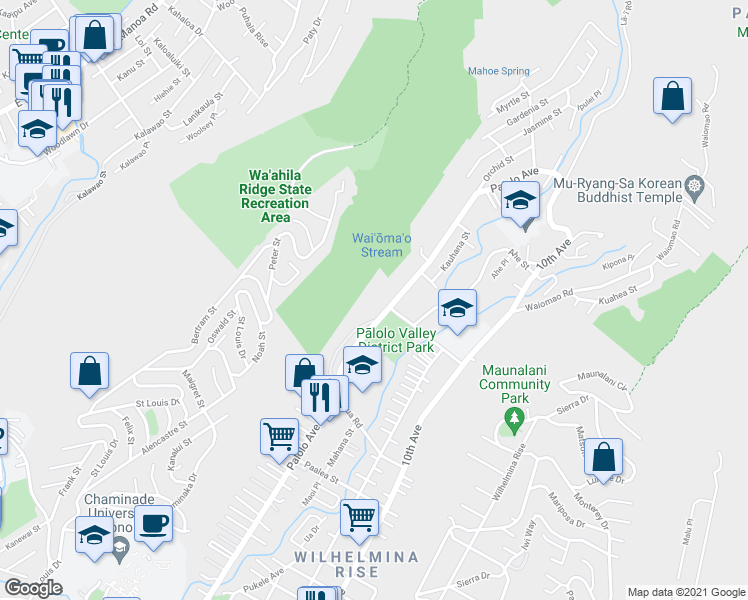 map of restaurants, bars, coffee shops, grocery stores, and more near 2054 Palolo Avenue in Honolulu