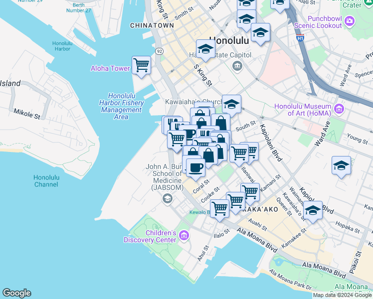map of restaurants, bars, coffee shops, grocery stores, and more near 564 Pohukaina Street in Honolulu