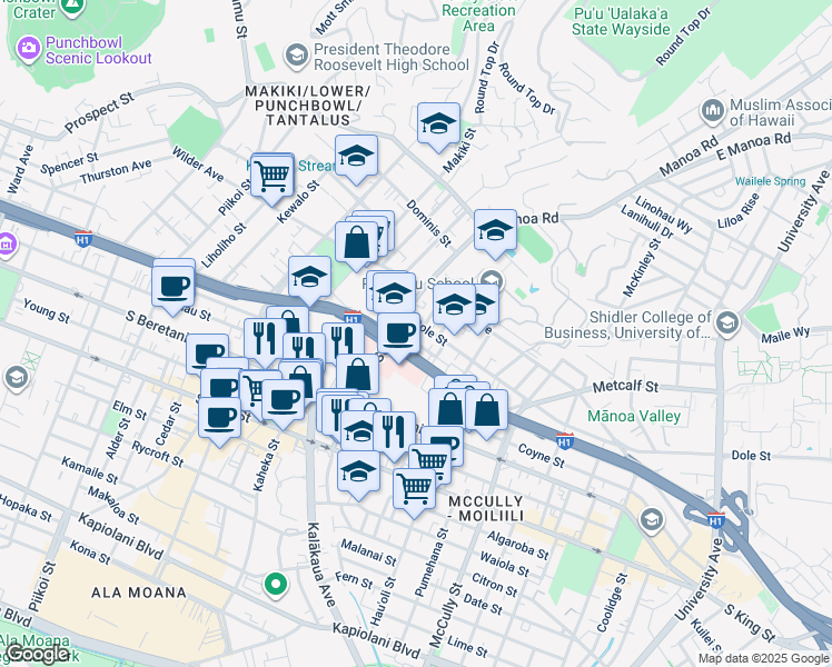 map of restaurants, bars, coffee shops, grocery stores, and more near 1621 Dole Street in Honolulu