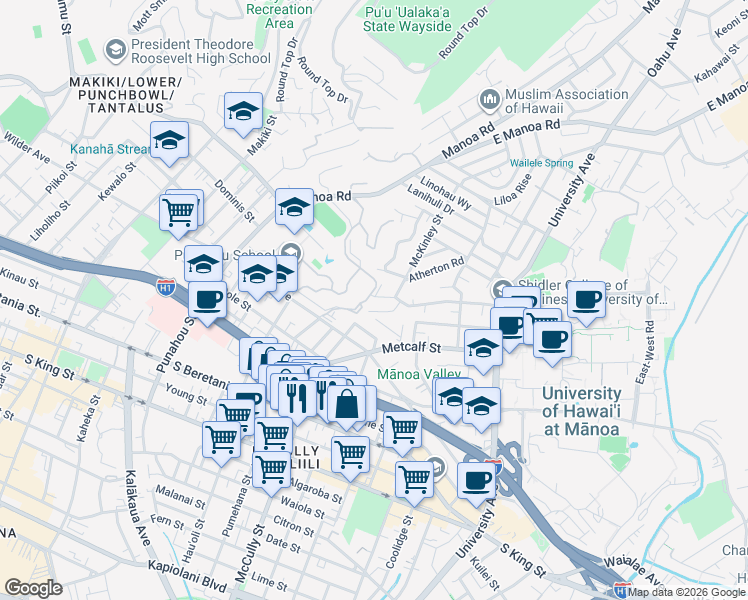 map of restaurants, bars, coffee shops, grocery stores, and more near Piper's Pali in Honolulu